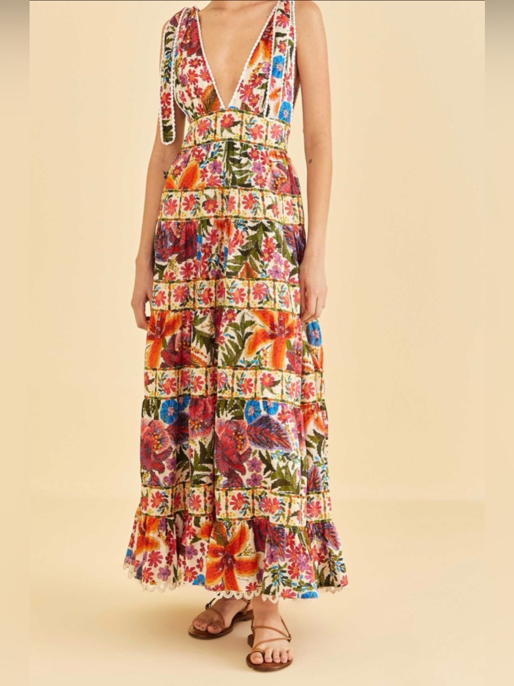 FARM RIO Off white Tropical Yard sleeveless tiered midi dress NWT - Picture 3 of 16